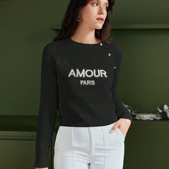 Black Preppy Womens Letter Graphic Button Detail Raglan Sleeve Sweater - Picture 7 of 7